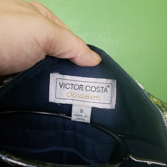 Victor Costa Womans Navy Blue Cotton Green Geometric Embroidered Jacket size sm - Picture 6 of 11